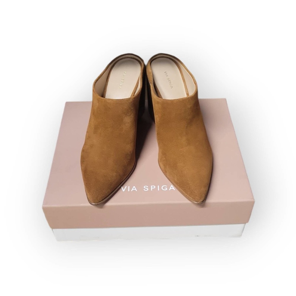 Via Spiga Womens Ella Mules Heel Brown Suede Leather Slip On Stack Mid 8.5 M New
